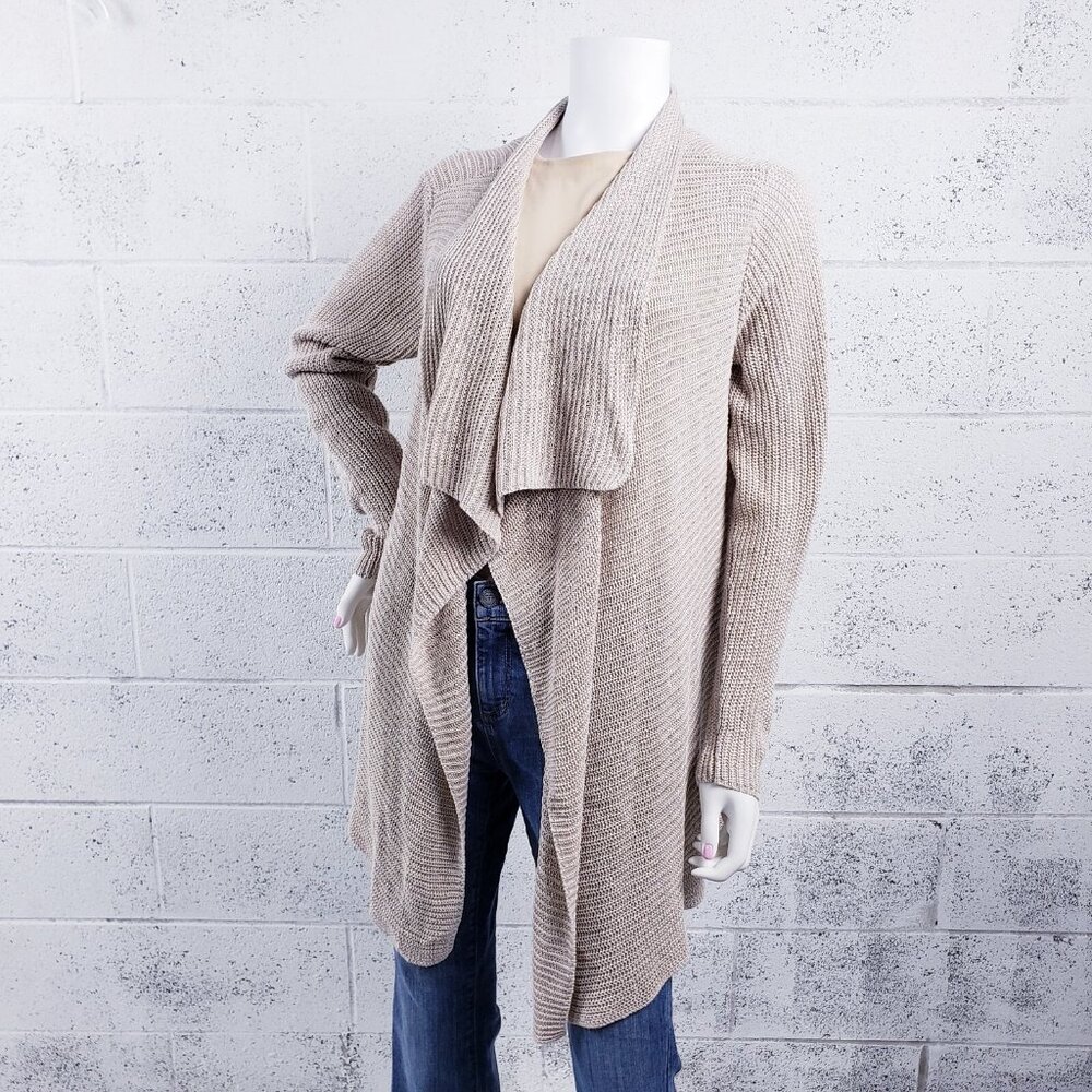 Eileen Fisher Womens Medium Organic Linen Open Drape‎ Front Long Sweater Tan